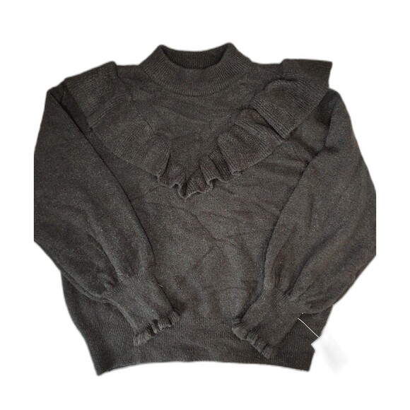 Women's Ophelia Roe Crew Neck Ruffle Sweater Black - Picture 2 of 7